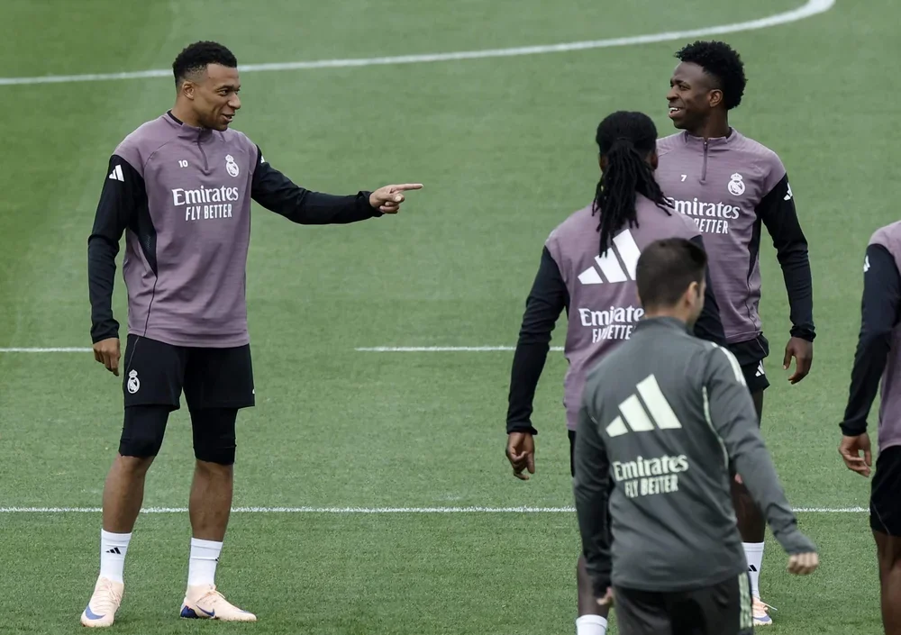 Mbappe, pictured in Madrid training on Saturday